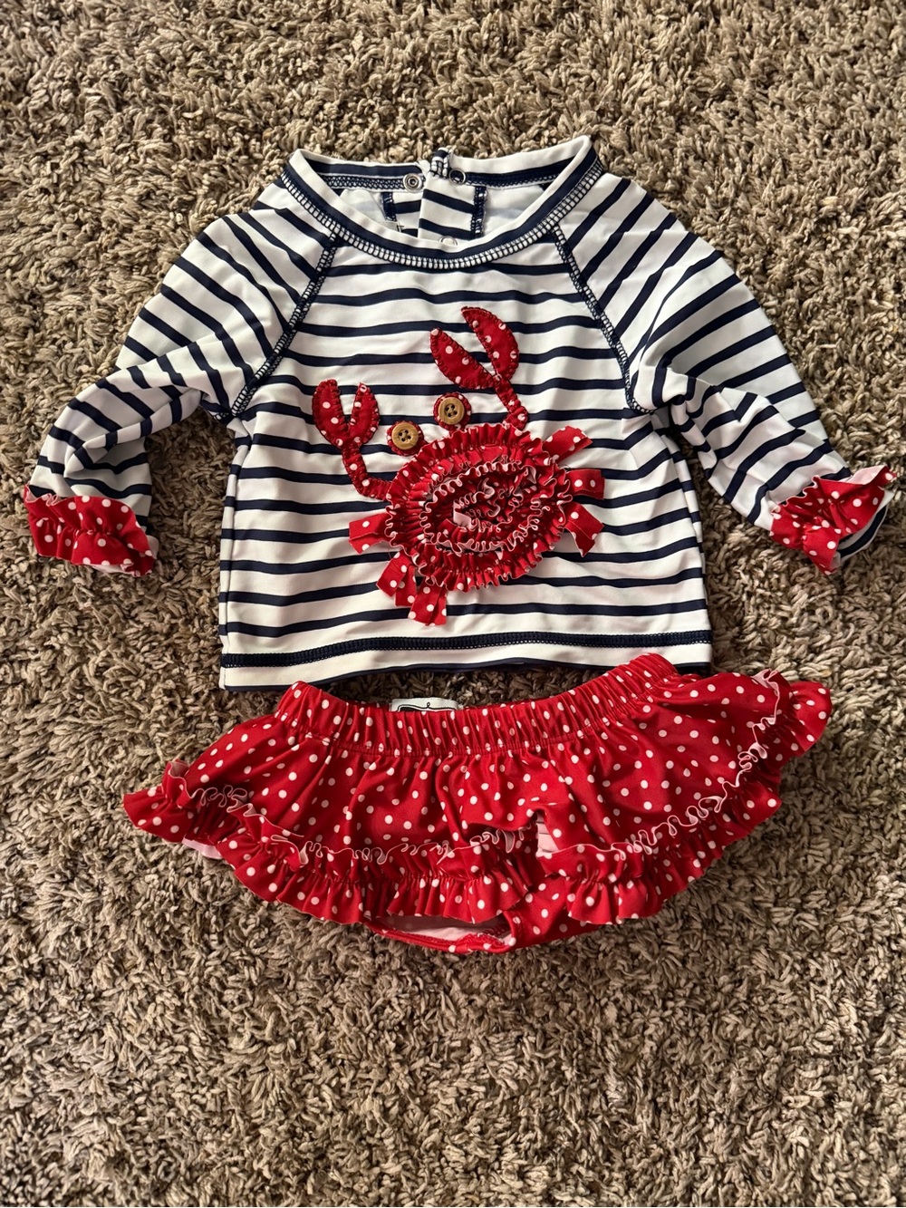 Mud Pie Navy, White & Red Striped Crab Swimsuit Set